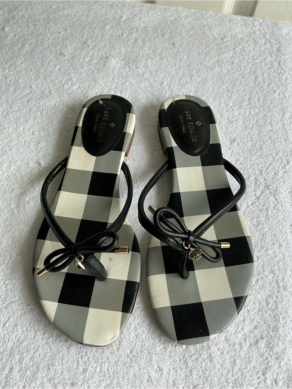 kate spade Black & White Gingham Bow Thong Sandals - Picture 2 of 8